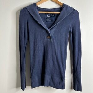 Y2K American Eagle Long Sleeve Waffle Knit Hooded Henley Shirt‎ Sz SP Blue 90s